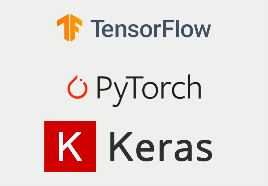 Das Bild zeigt die Python Module Tensorflow, Pytorch und Keras für Machine Learning Anwendungen.