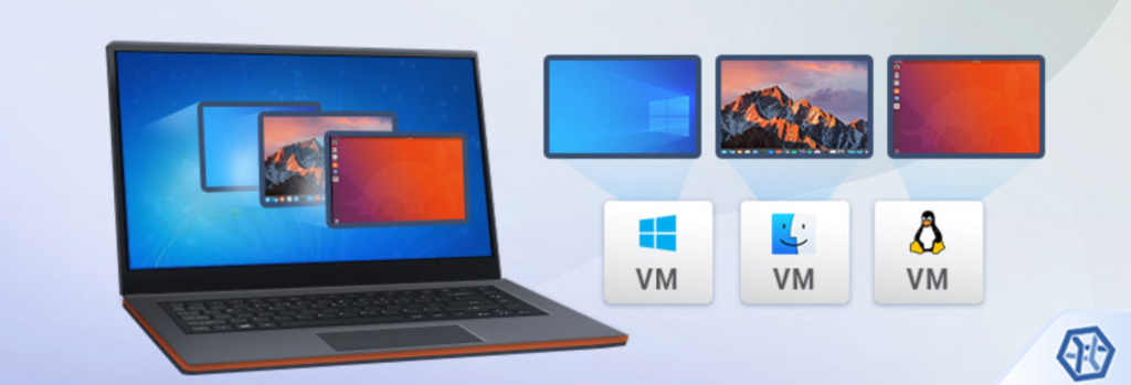 Das Bild zeigt einen Laptop mit drei Fenstern, eines davon hat Windows geöffnet, ein anderes MacOS und das letzte Linux. 